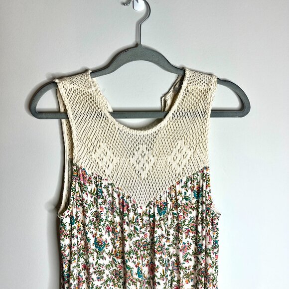 Lucky Brand Crochet Detail Floral Asymmetrical Hem Midi Dress Boho Prairie Sz L - Picture 2 of 6